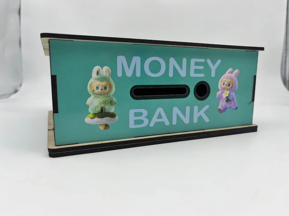 Money box with cartoon characters on a white background