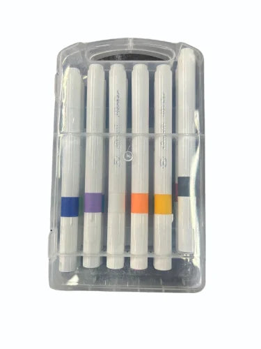 Set of markers with color-coded caps in a clear plastic case on a white background
