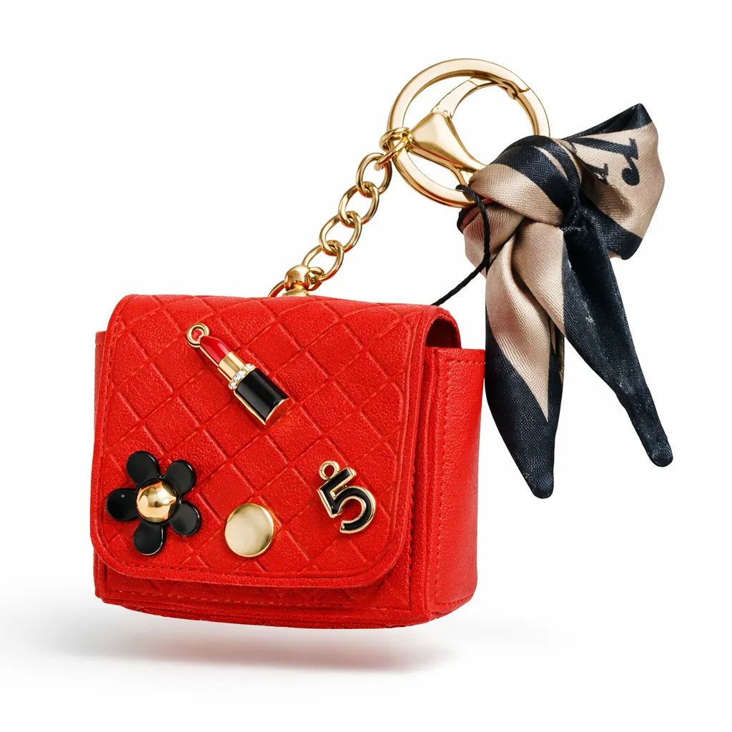 Quilted Red Mini Purse Keychain Gold Charms Motumal-motumal