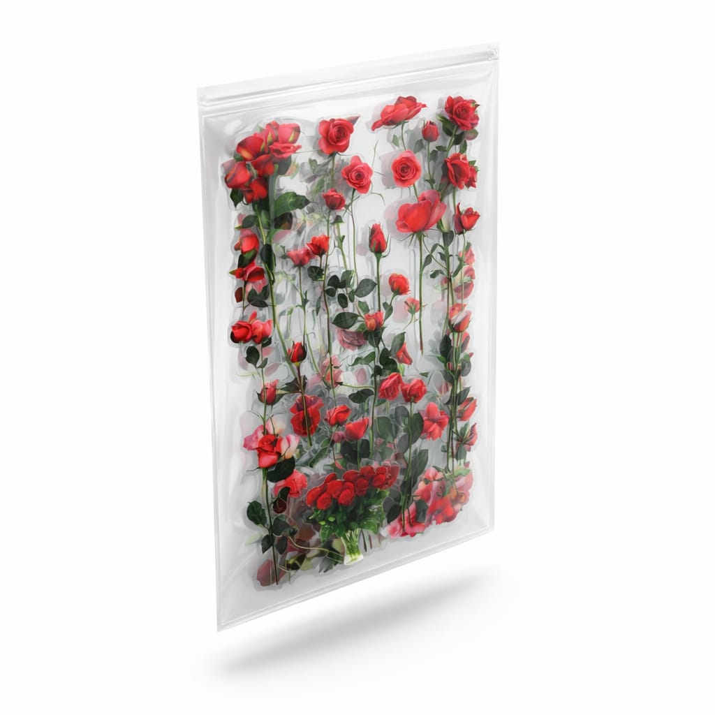 Red flowers in a clear plastic bag on a white background