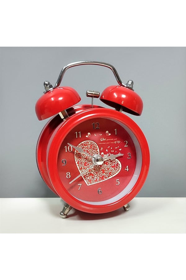 Red Vintage Twin Bell Alarm Clock Heart Dial Decor-motumal