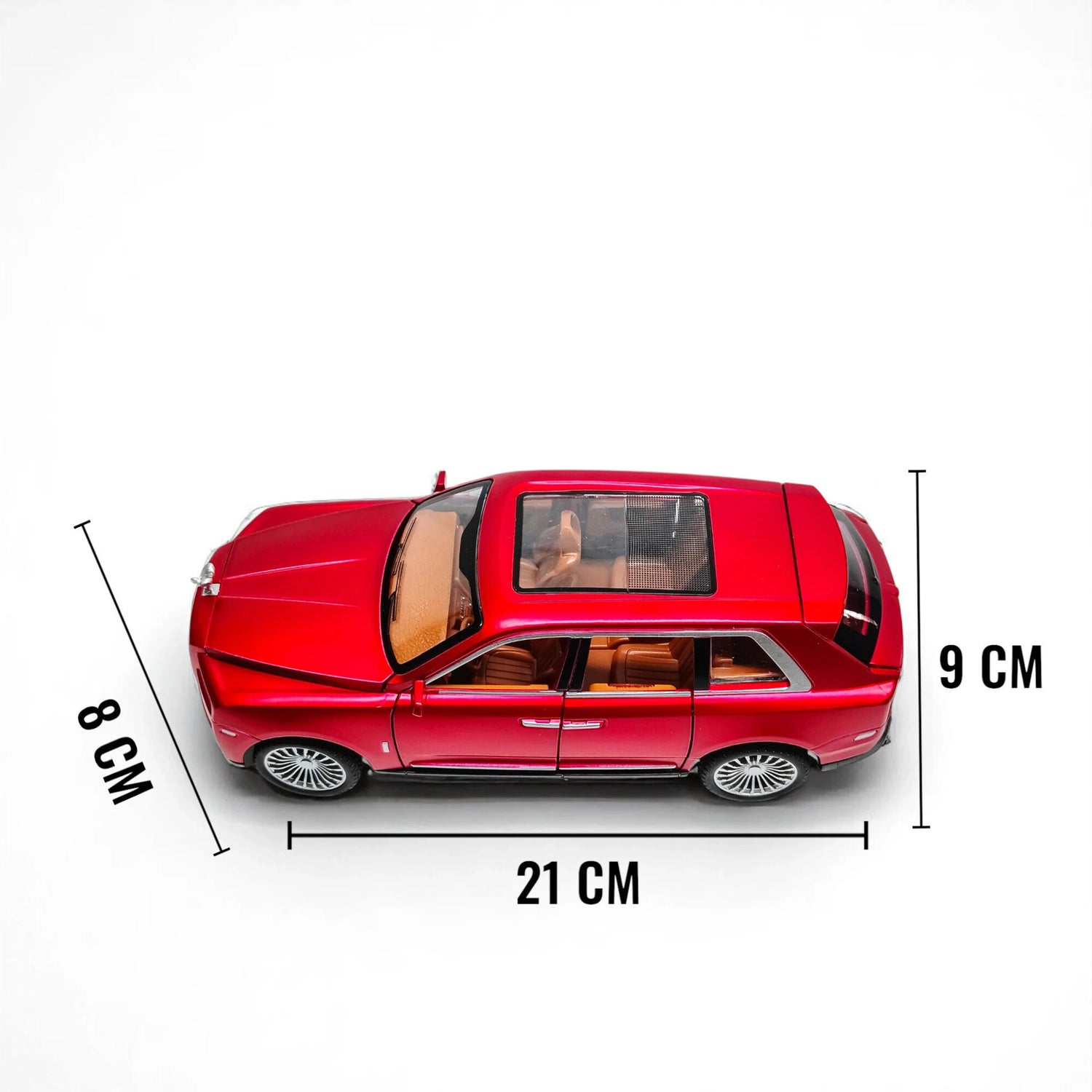 Red car model with dimensions indicated on a white background