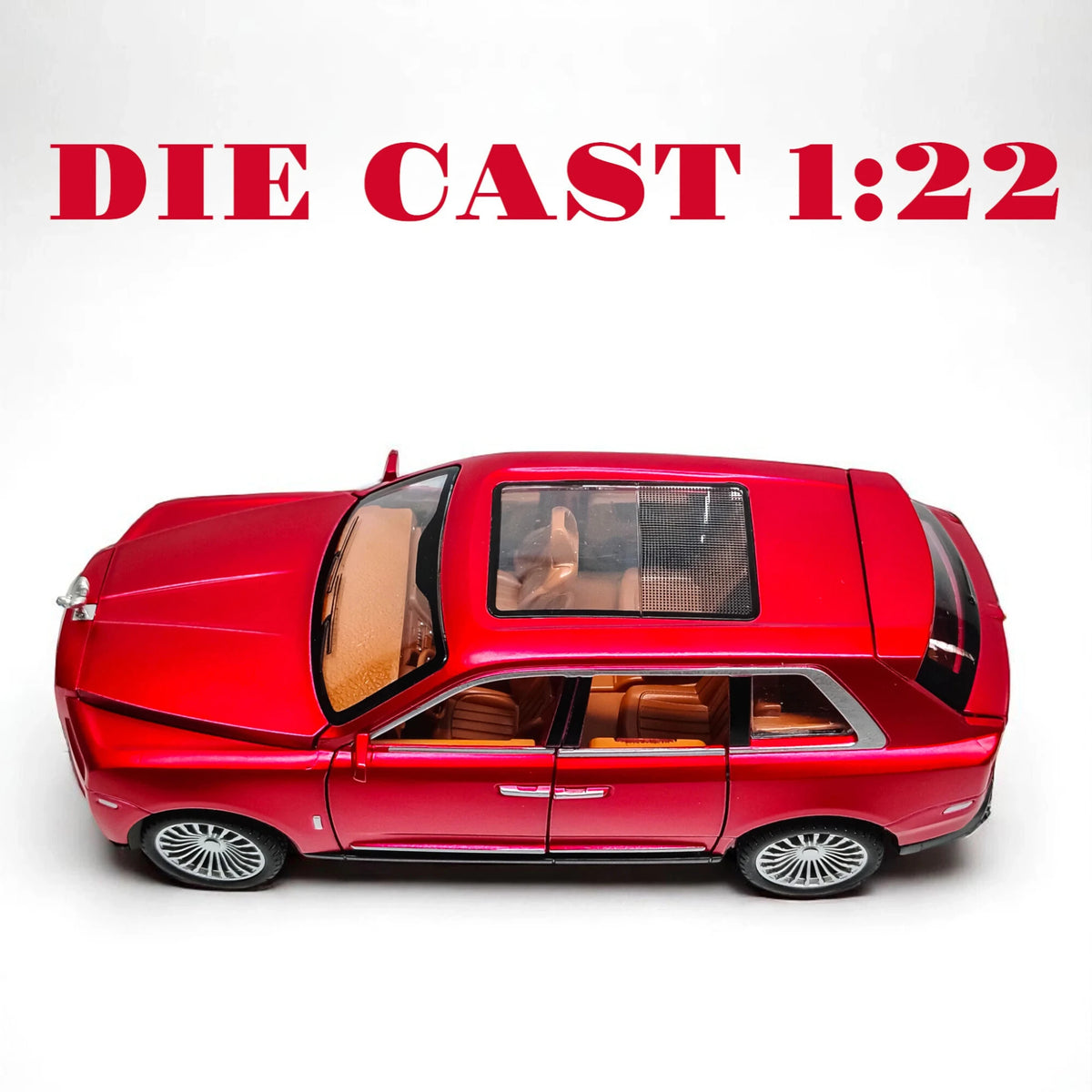 Red diecast model car with open door on a white background, labeled 'Die Cast 1:22'.