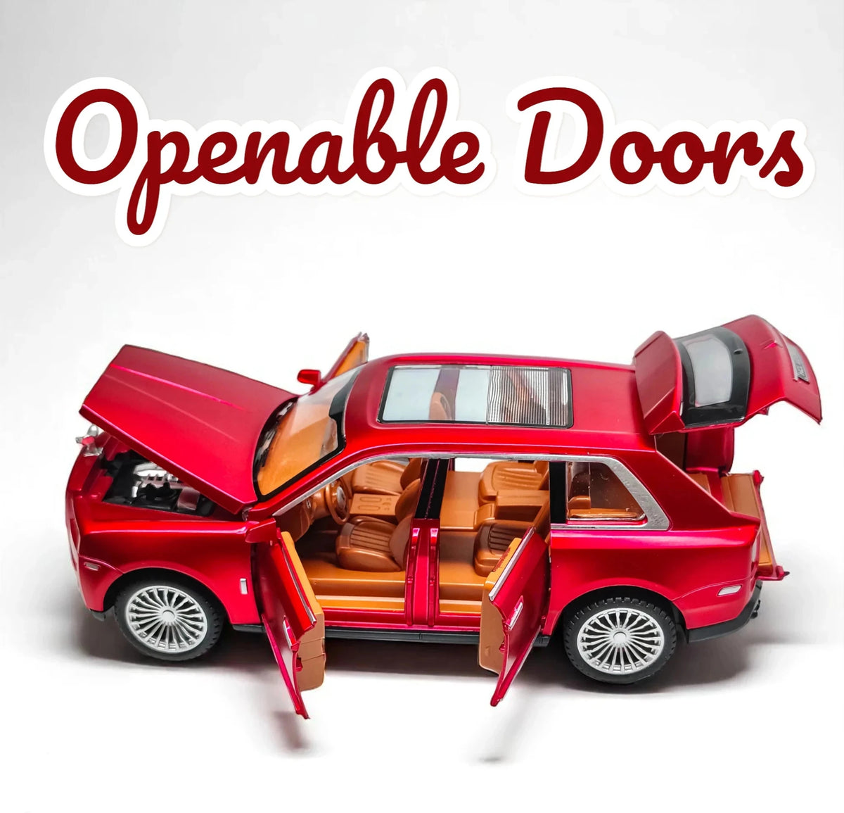 Red toy car with openable doors on a white background