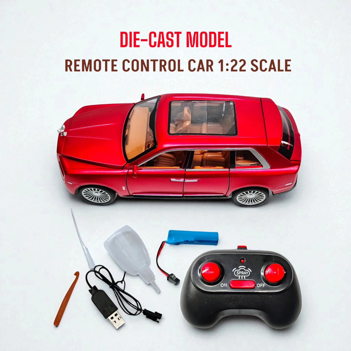 Red die-cast model remote control car with accessories on a white background
