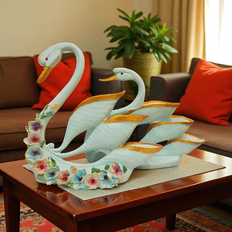 Romantic Blue Swan Pair Golden Wings Figurine Motumal-motumal