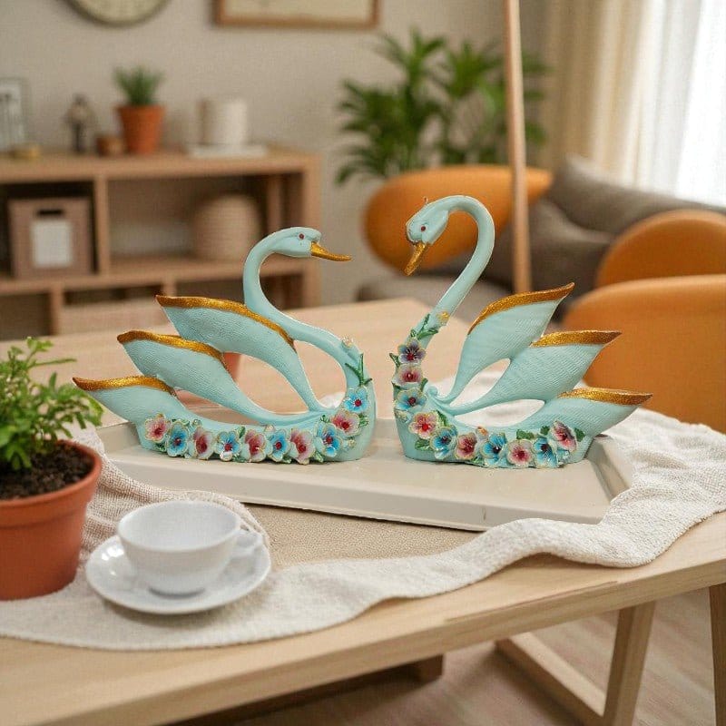 Romantic Blue Swan Pair Golden Wings Figurine Motumal-motumal