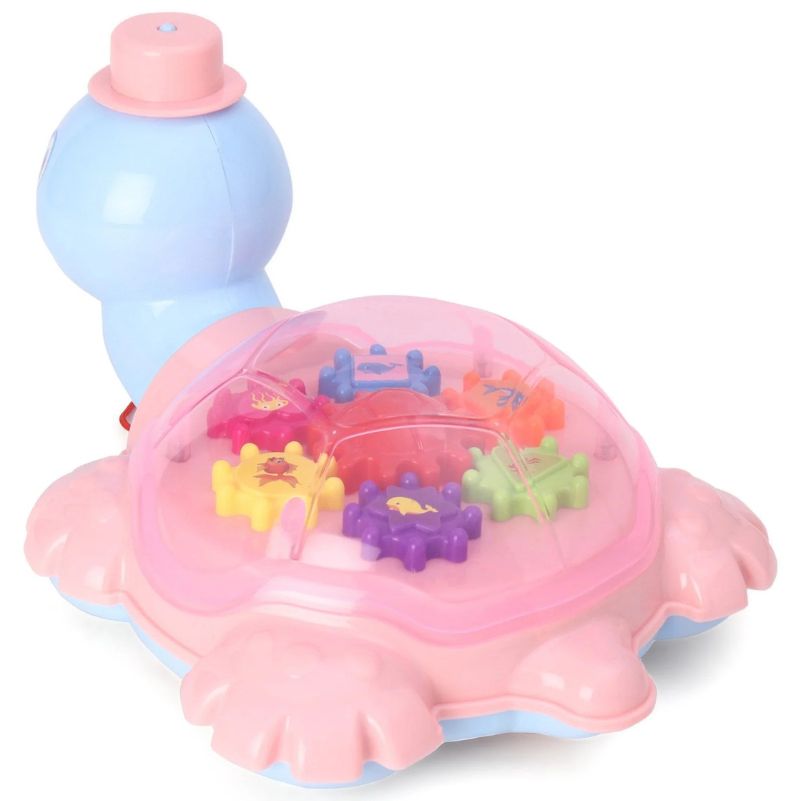Pink and blue toy with colorful gears on a white background