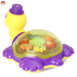 Colorful turtle-shaped toy with transparent shell on a white background