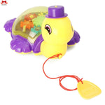 Toy turtle with colorful interior and red string on a white background