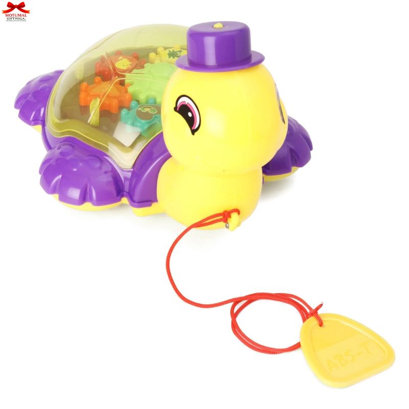 Toy turtle with colorful interior and red string on a white background
