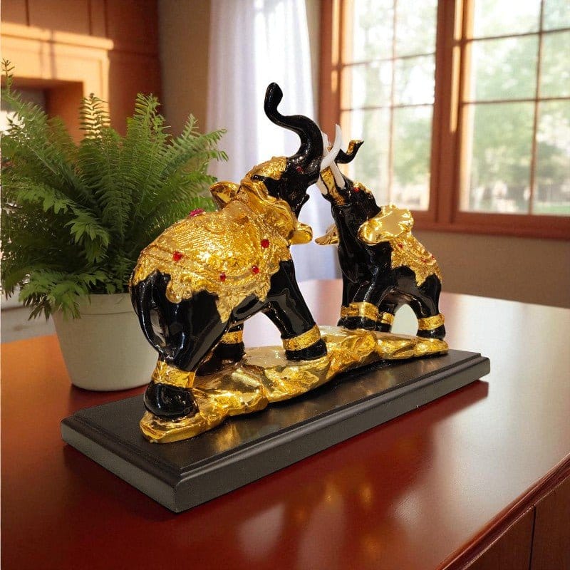 Royal Black Golden Elephant Pair Figurine Showpiece Decor Motumal-motumal
