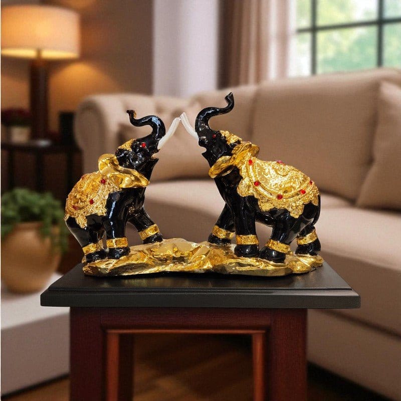 Royal Black Golden Elephant Pair Figurine Showpiece Decor Motumal-motumal