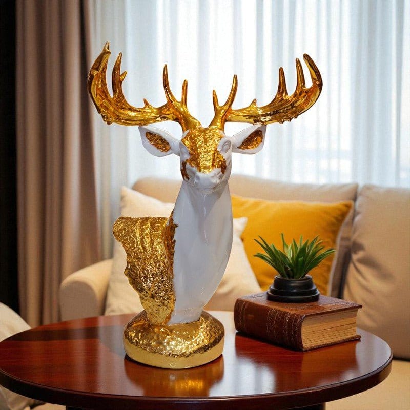 Royal Golden Deer Bust Sculpture White Gold Decor Elegant-motumal