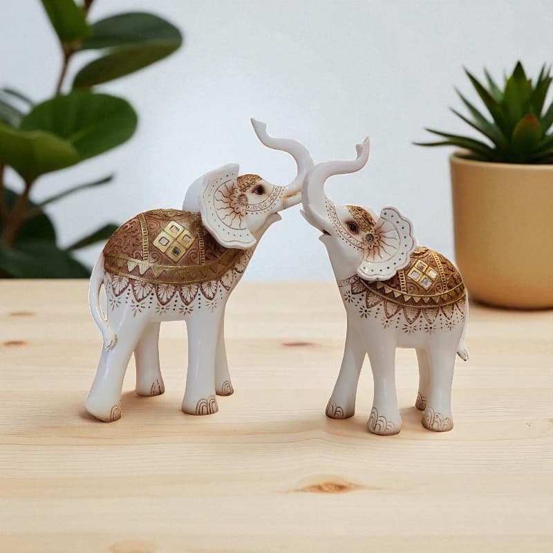 Royal White Gold Elephant Pair Figurine Home Decor Motumal-motumal