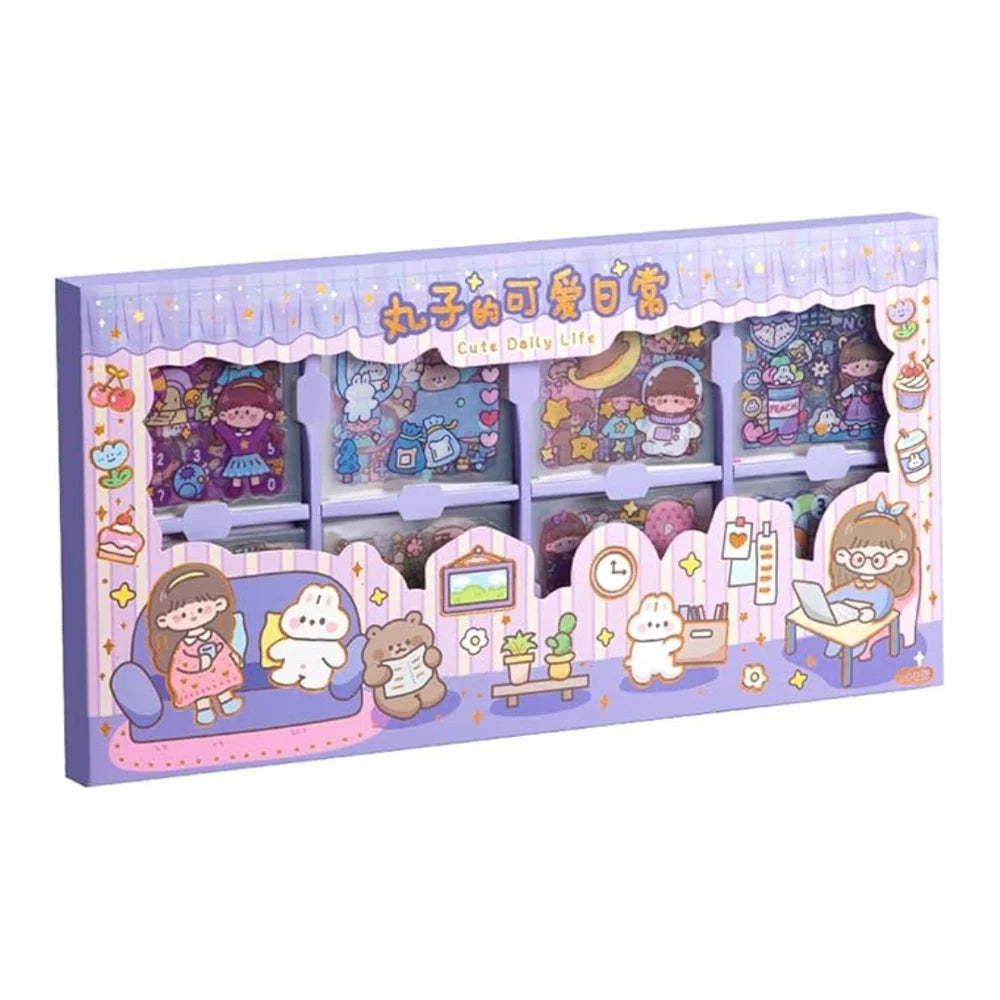 Cute cartoon character packaging with various scenes on a white background