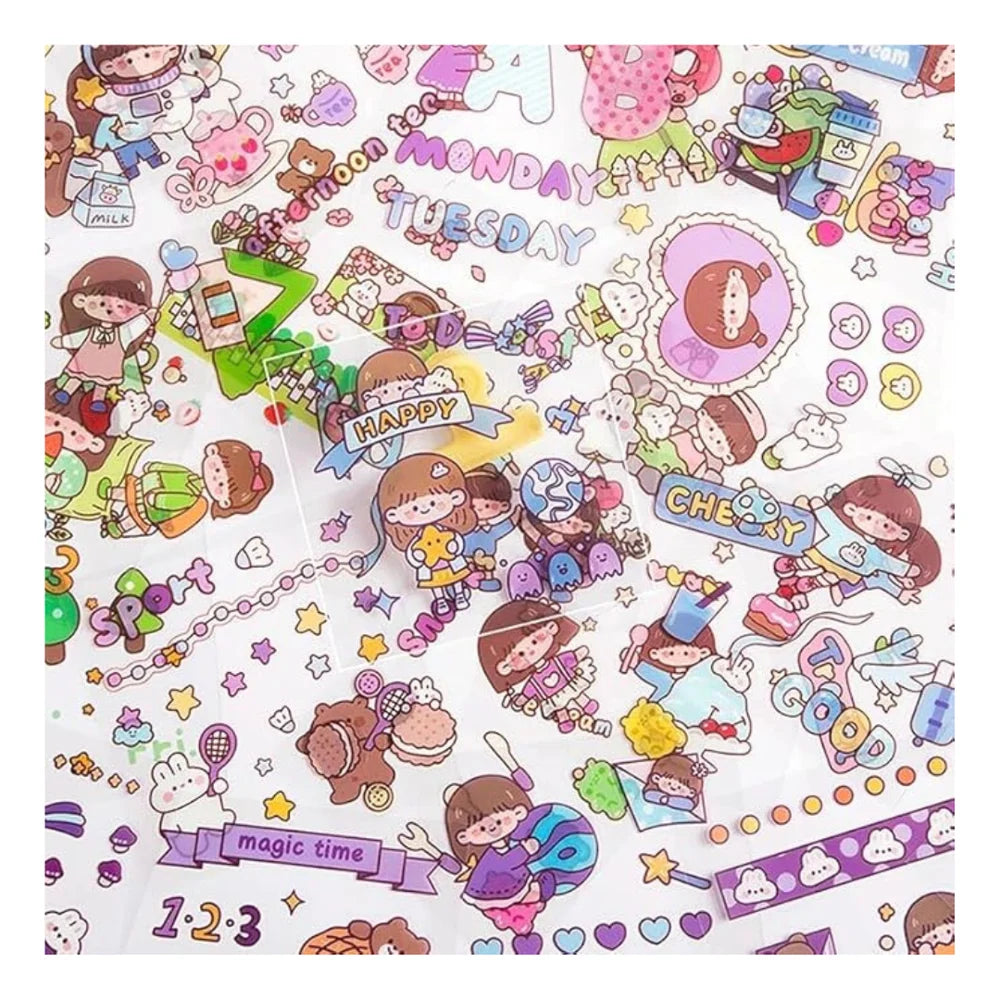 Collection of colorful stickers with cartoon characters and text on a white background