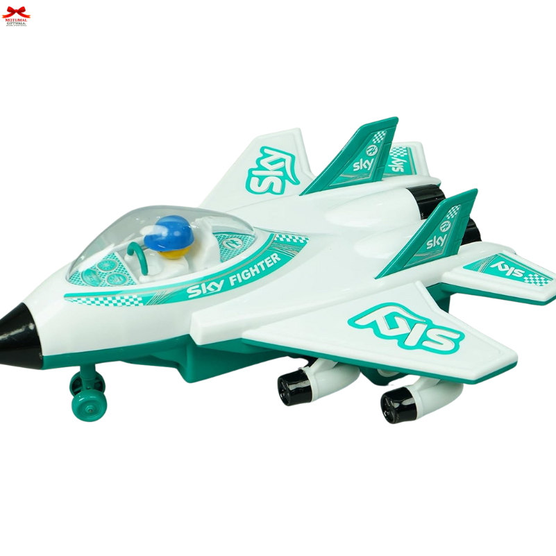 Toy airplane with 'Sky Fighter' branding on a white background