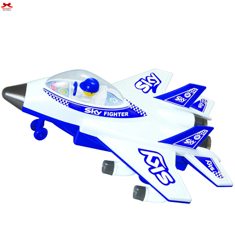 Toy airplane model with blue and white design on a white background