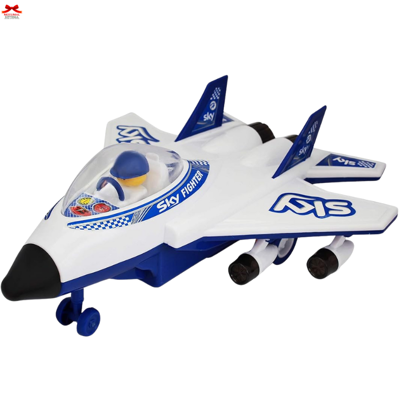 Toy airplane with blue and white design on a white background