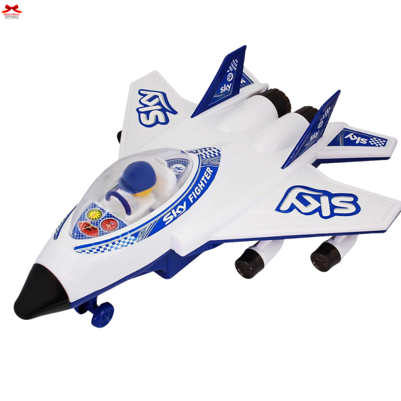 Toy airplane with blue and white design on a white background