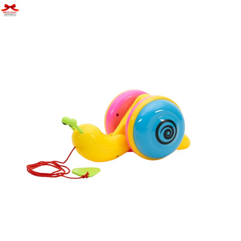 Colorful toy snail with a blue shell on a white background