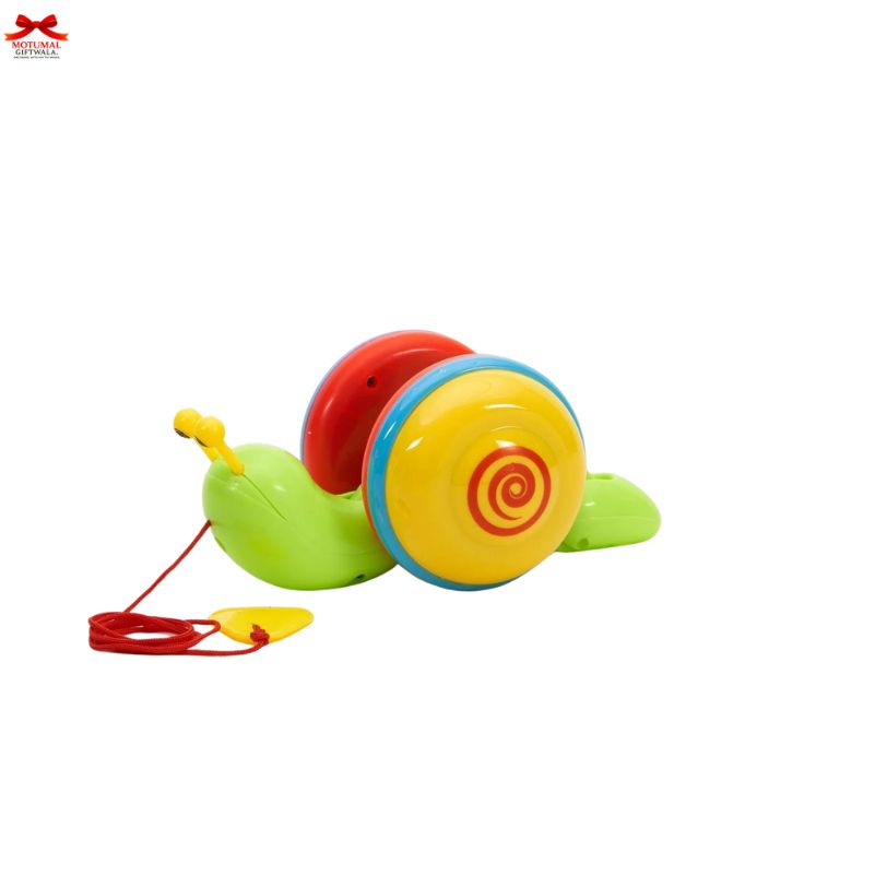 Colorful toy snail with a red string on a white background