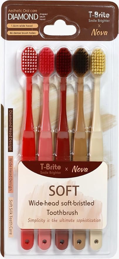 Soft Bristled Wide Head Toothbrush 5 Count Red Brown Motumal-motumal