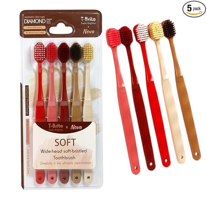 Soft Bristled Wide Head Toothbrush 5 Count Red Brown Motumal-motumal