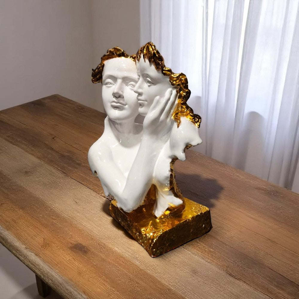 Front view of Soulful Union romantic couple face showpiece – white & gold, Motumal Giftwala