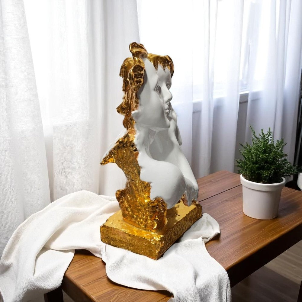 Side angle of golden-white love face sculpture for gifting – made in India