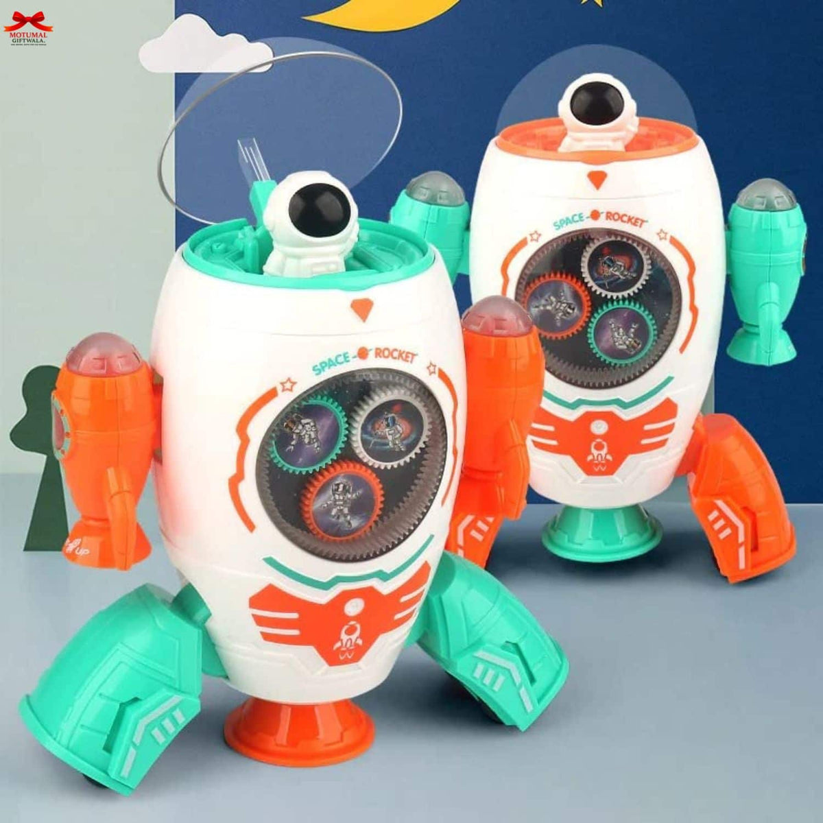 Two toy robots with orange and green accents on a blue background