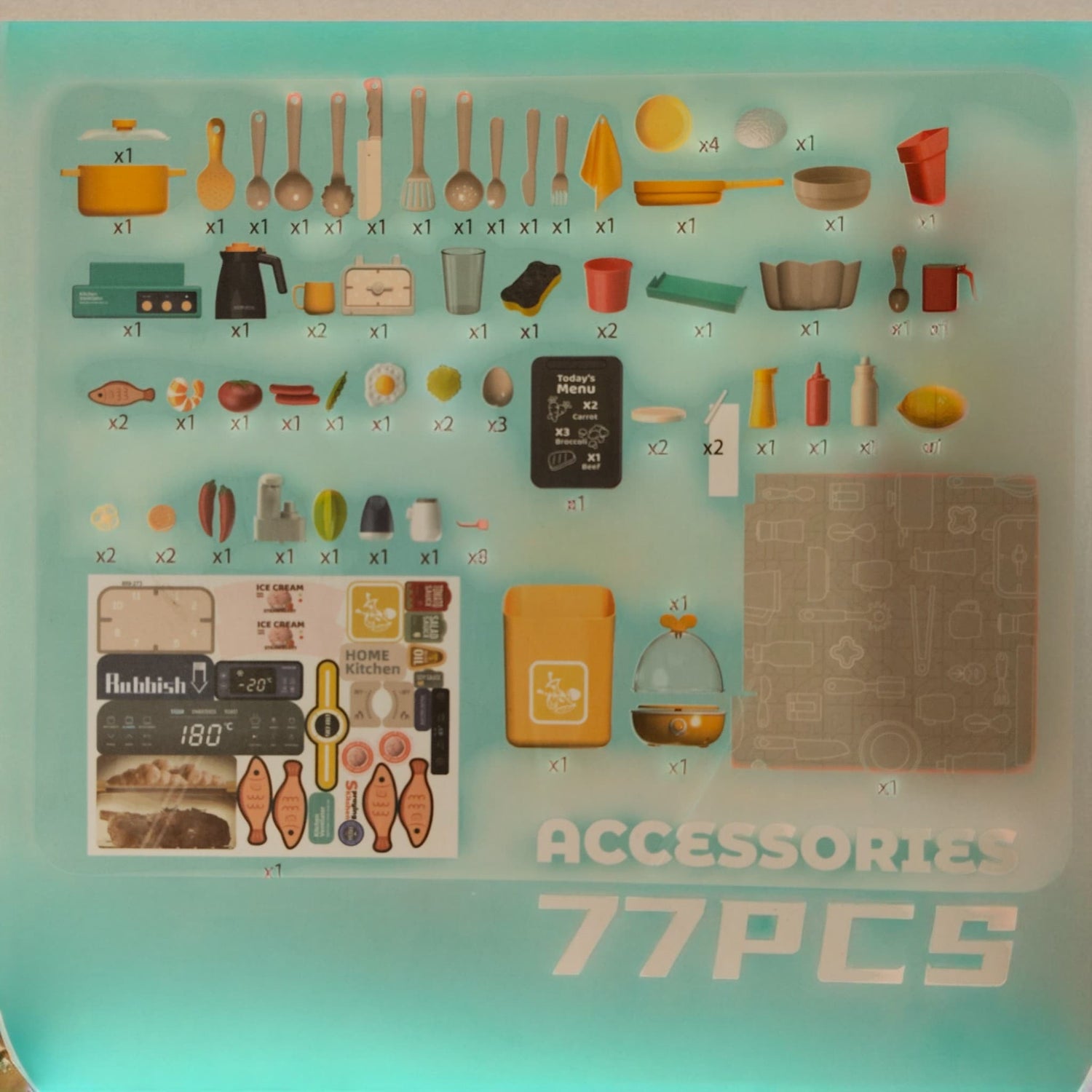 Spray Kitchen Set 77 pieces accessory list with utensils, cookware, and pretend food items for kids kitchen playset