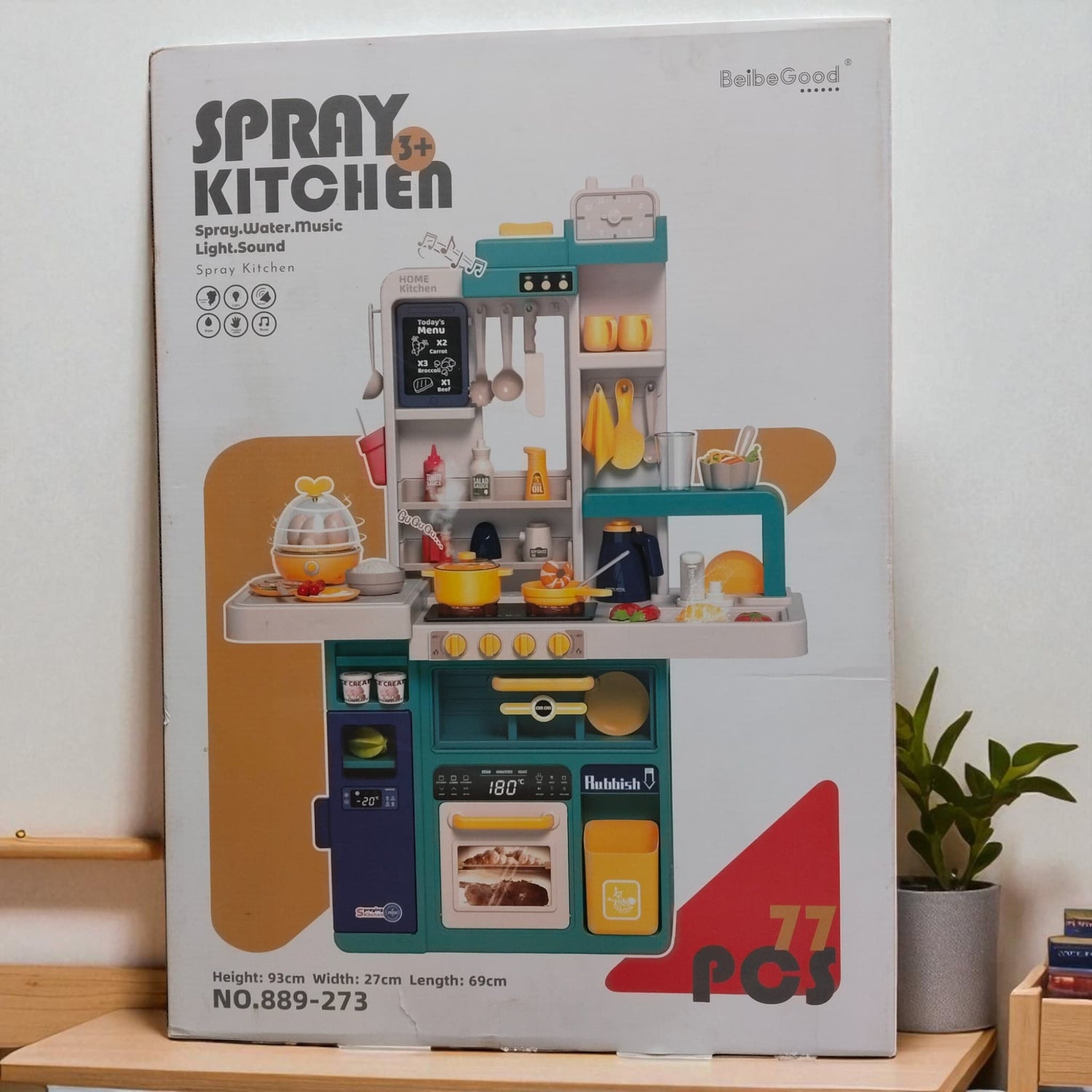 Front view of Spray Kitchen Set toy box with realistic spray, water, music, and lights features for kids aged 3 and up