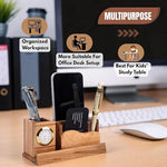 Three In One Wooden Desk Organizer Clock Pen Stand Motumal-motumal