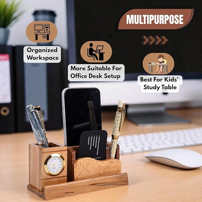 Three In One Wooden Desk Organizer Clock Pen Stand Motumal-motumal