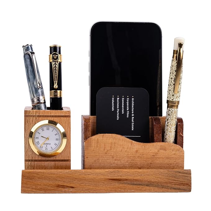 Three In One Wooden Desk Organizer Clock Pen Stand Motumal-motumal