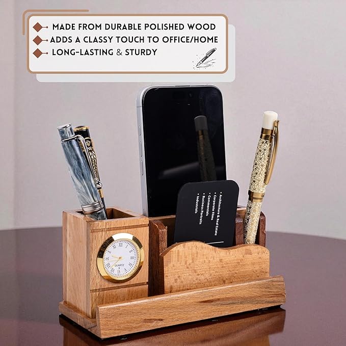 Three In One Wooden Desk Organizer Clock Pen Stand Motumal-motumal