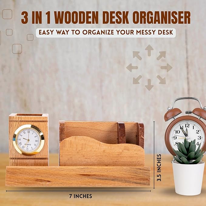 Three In One Wooden Desk Organizer Clock Pen Stand Motumal-motumal