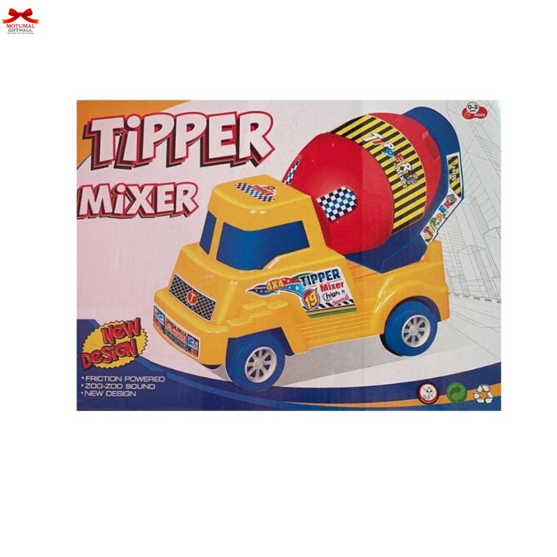 Toy tipper mixer packaging with colorful design on a white background