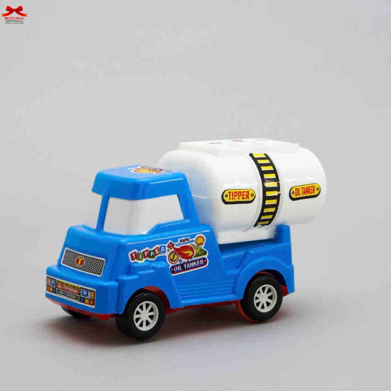 Toy truck with a white tank on a gray background