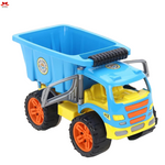 Toy dump truck with blue bed and yellow body on a white background