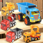 Set of toy construction vehicles including a blue dump truck, red and gray trucks, and yellow crane on a wooden surface.
