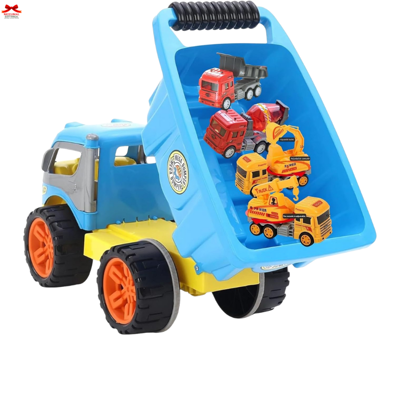 Toy truck with toy construction vehicles on a blue tray