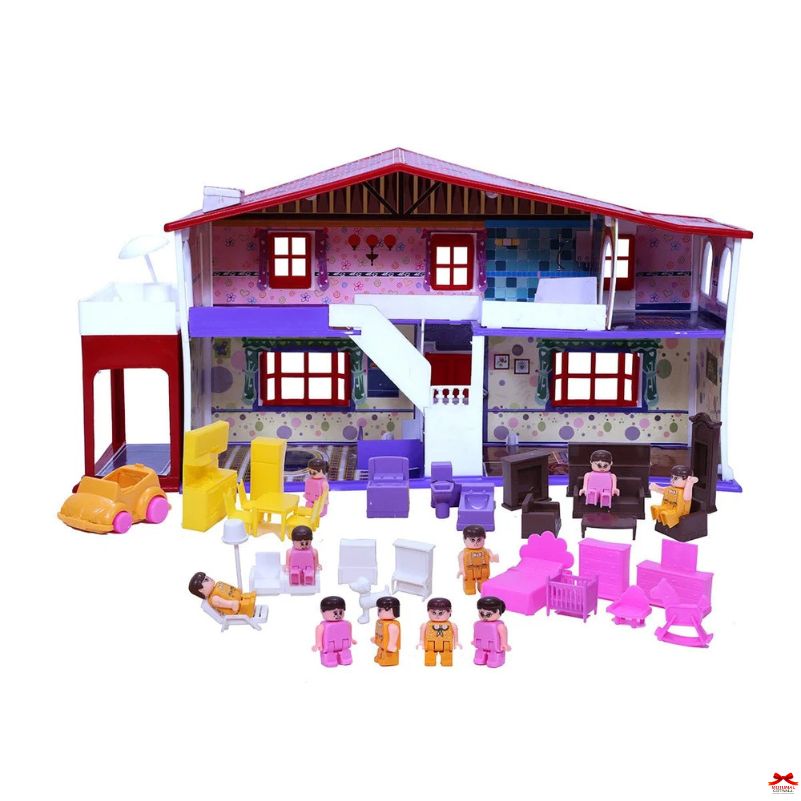 Toy dollhouse with furniture and dolls on a white background