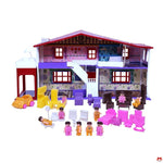 Toy dollhouse with furniture and dolls on a white background