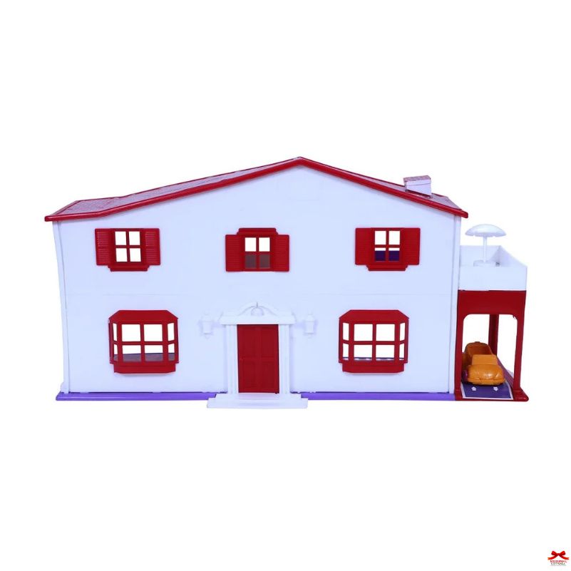 Model of a house with red accents on a white background