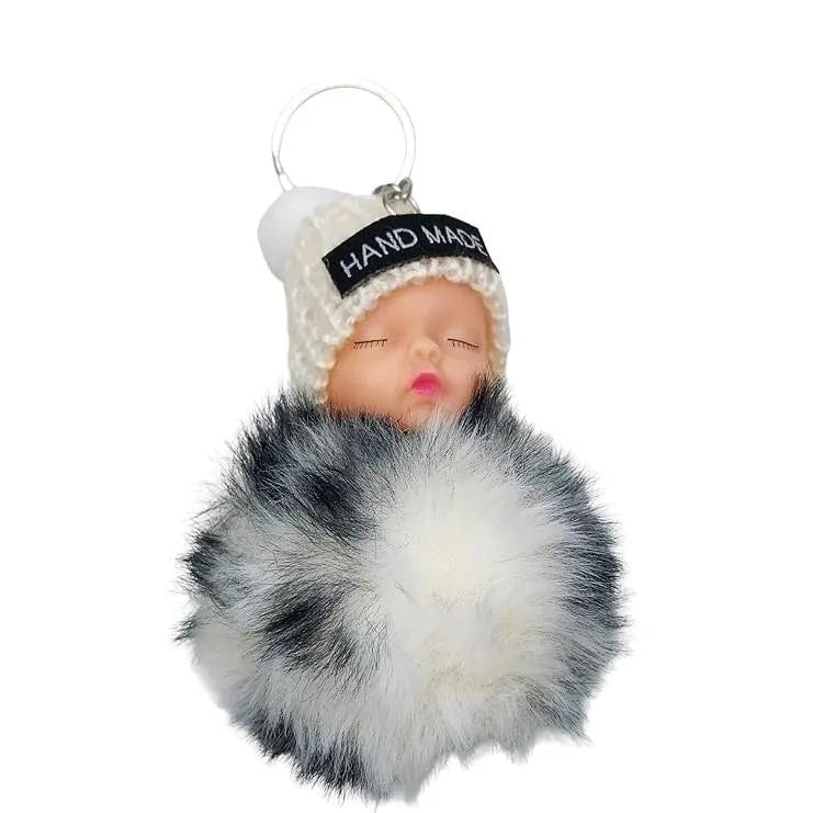White Fluffy Faux Fur Sleeping Doll Keychain PomPom Motumal-motumal