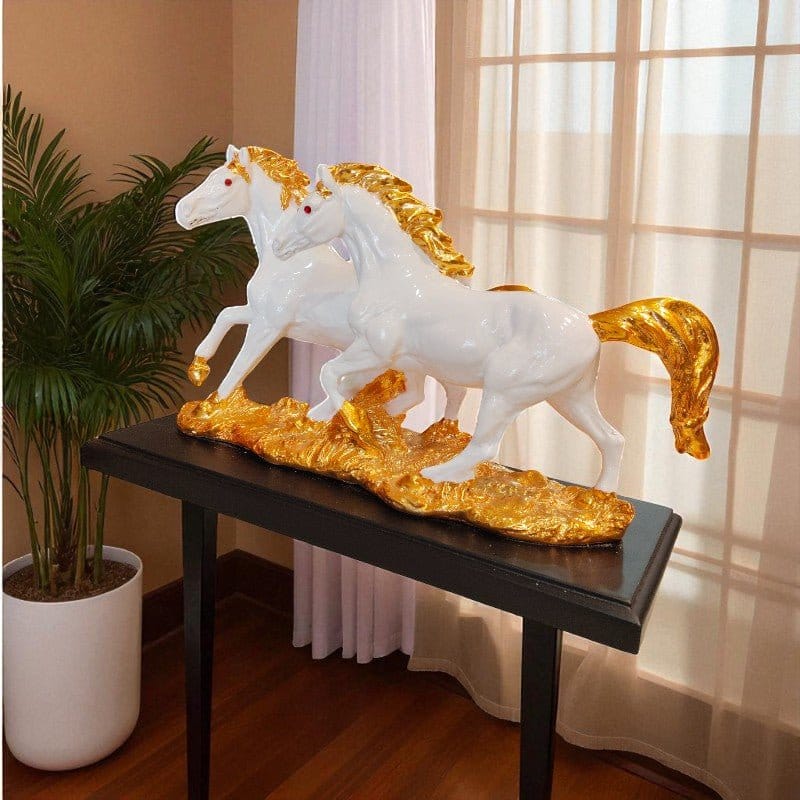 White Gold Running Horses Showpiece Premium Home Decor Motumal-motumal