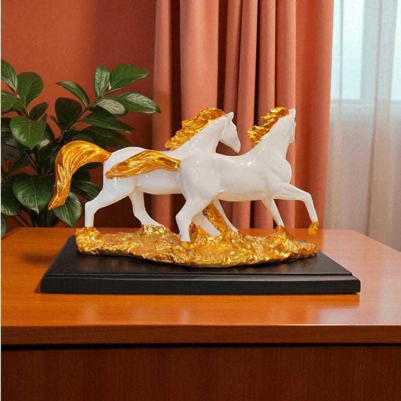 White Gold Running Horses Showpiece Premium Home Decor Motumal-motumal